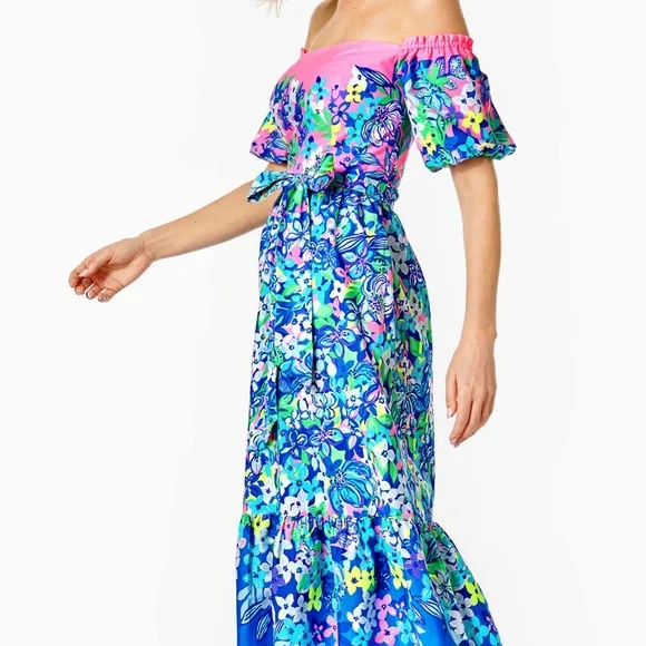 Lilly Pulitzer Zalie Off-The-Shoulder Midi Dress Borealis Blue Social Sunset 14 - Picture 4 of 12